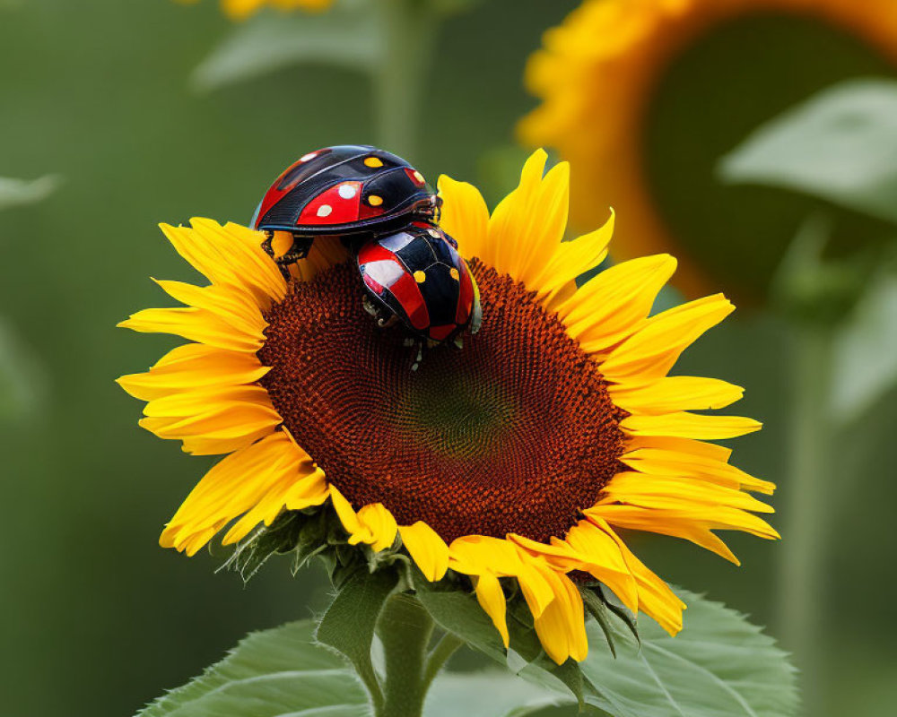 Two ladybugs on sunflower with blurred greenery background