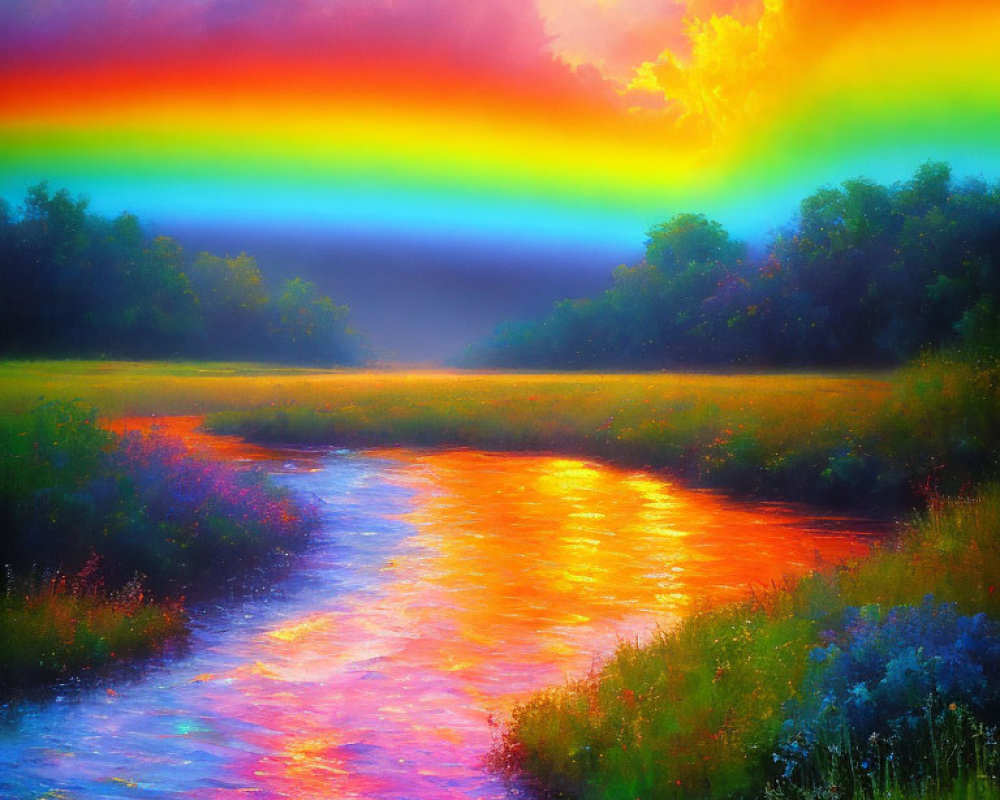 Colorful Rainbow Reflects on Serene River in Dreamy Landscape