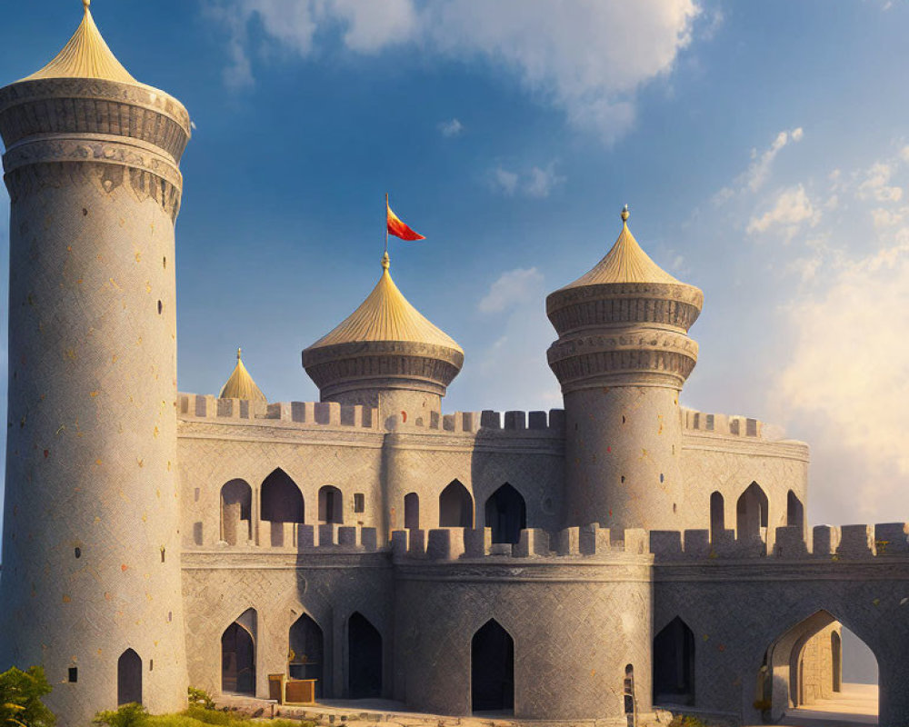 Majestic castle with twin towers and fluttering flags under blue sky