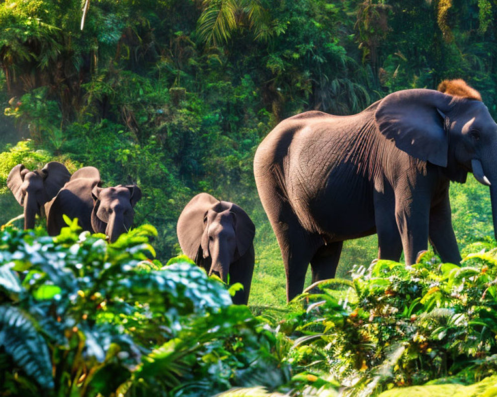 Elephants walking in lush green jungle.