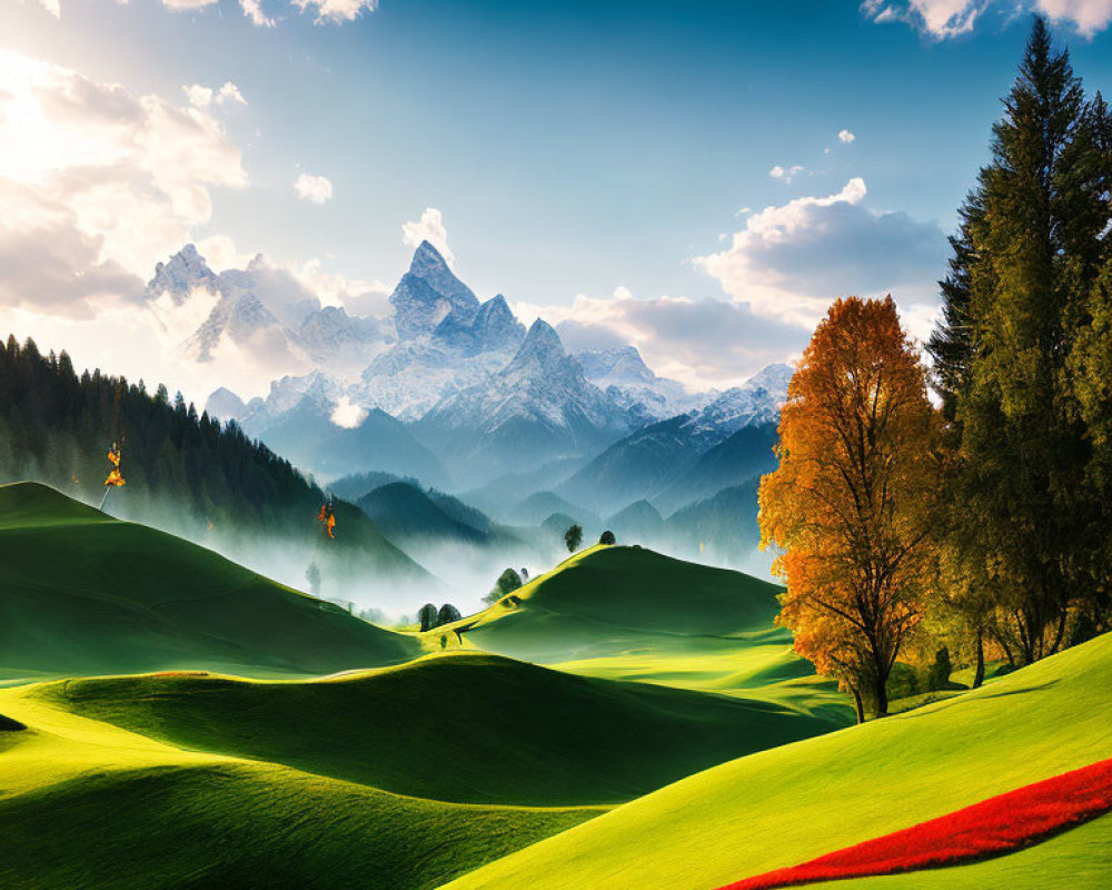 Majestic snow-capped mountains with rolling green hills