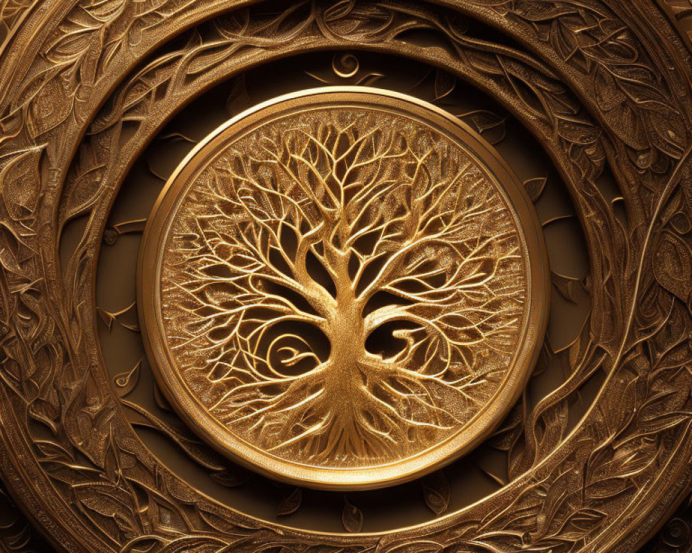 Intricate Golden Tree of Life in Ornate Circular Patterns