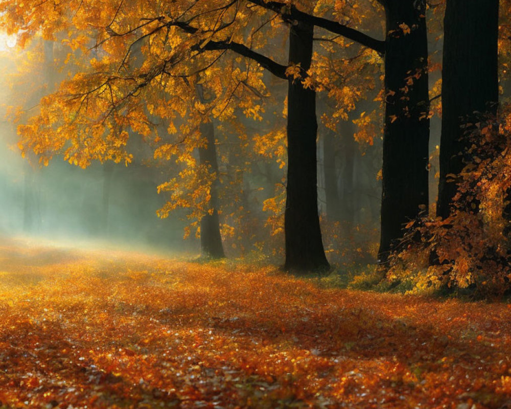 Golden autumn forest with sunbeams and fallen leaves