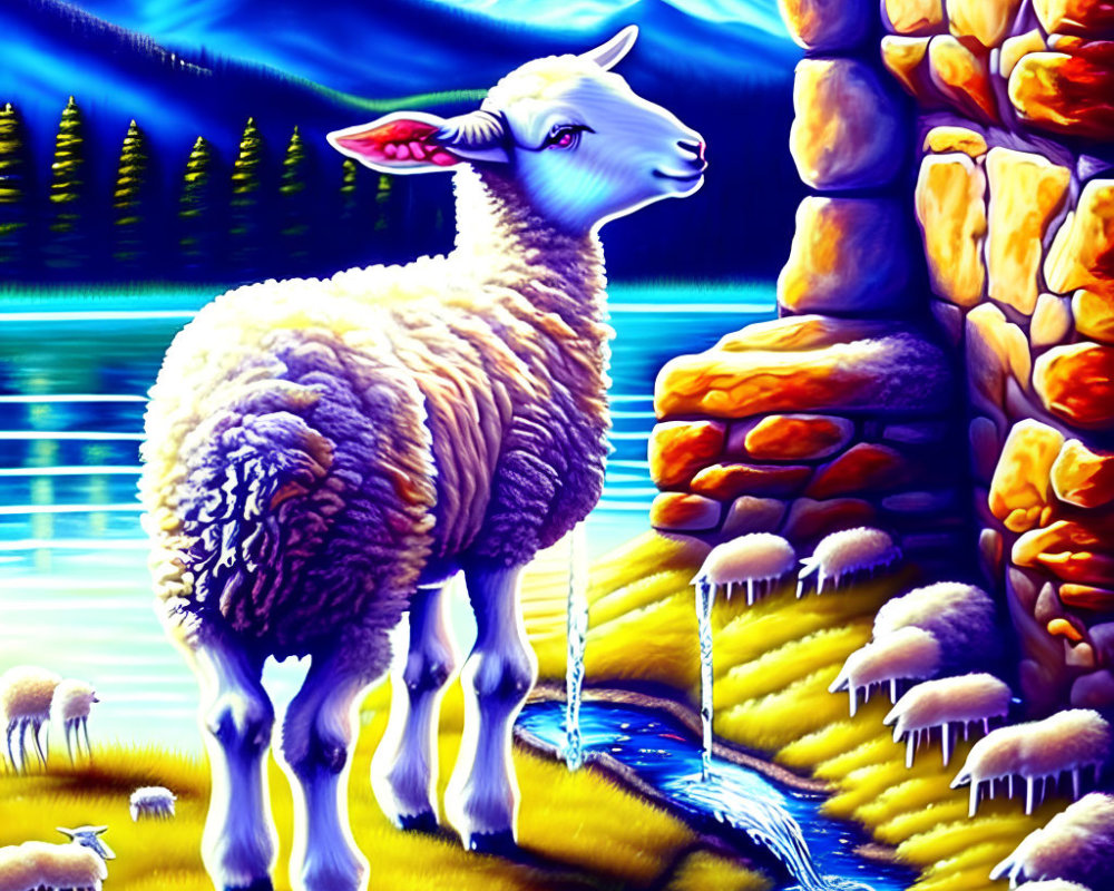 Colorful standing lamb by stream with mountainous landscape & serene lake