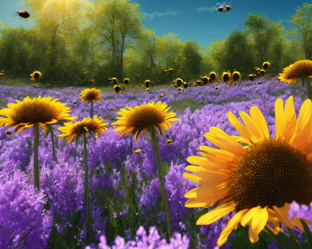 Tall Sunflowers in Purple Wildflower Field with Bees