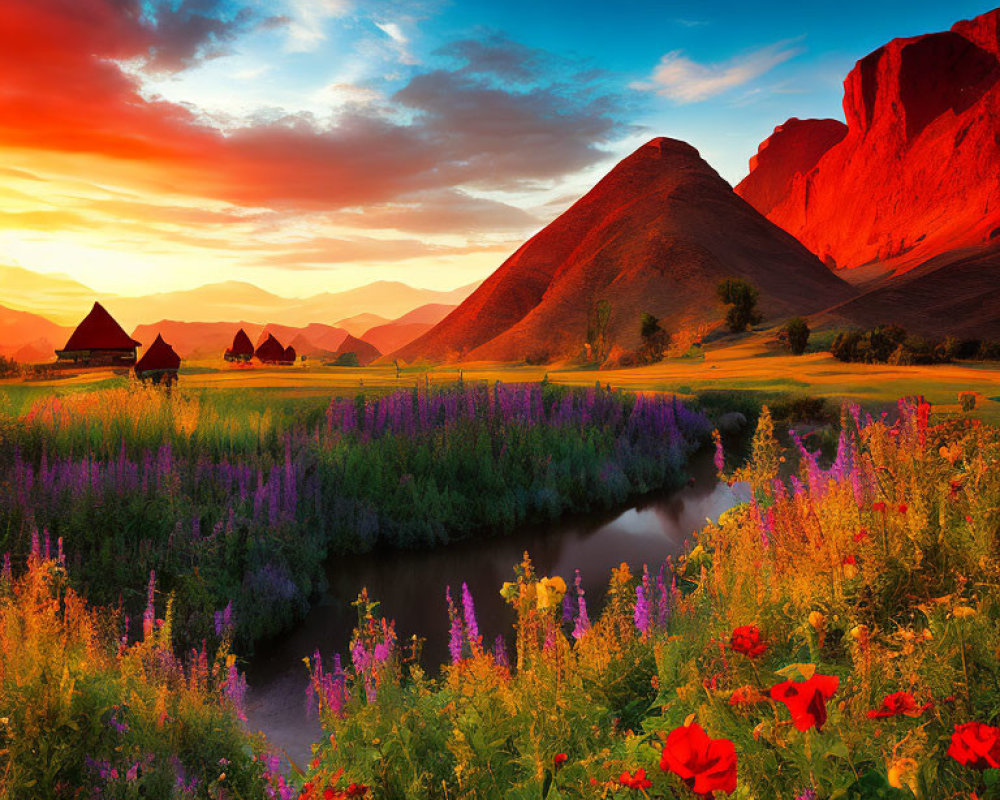 Scenic sunset over picturesque valley with river, houses, and wildflowers