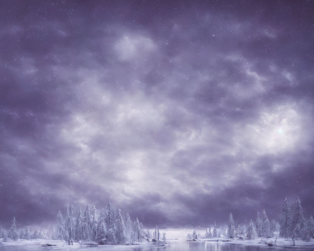 Snow-covered wintry night landscape with frozen lake and starry sky