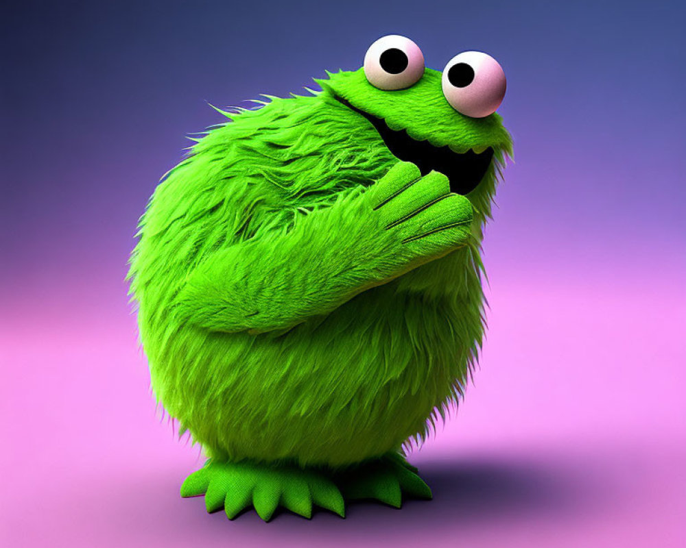 Fluffy Green Monster with Googly Eyes on Purple Background