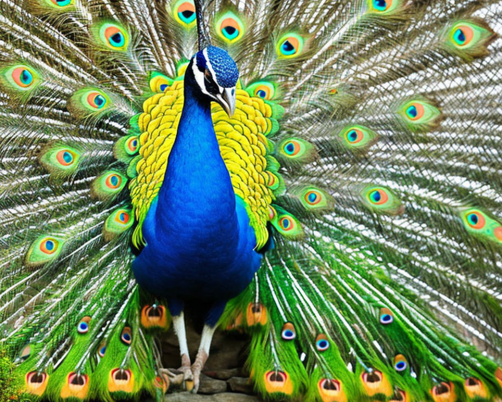 Colorful peacock with iridescent tail feathers perched on rock in greenery