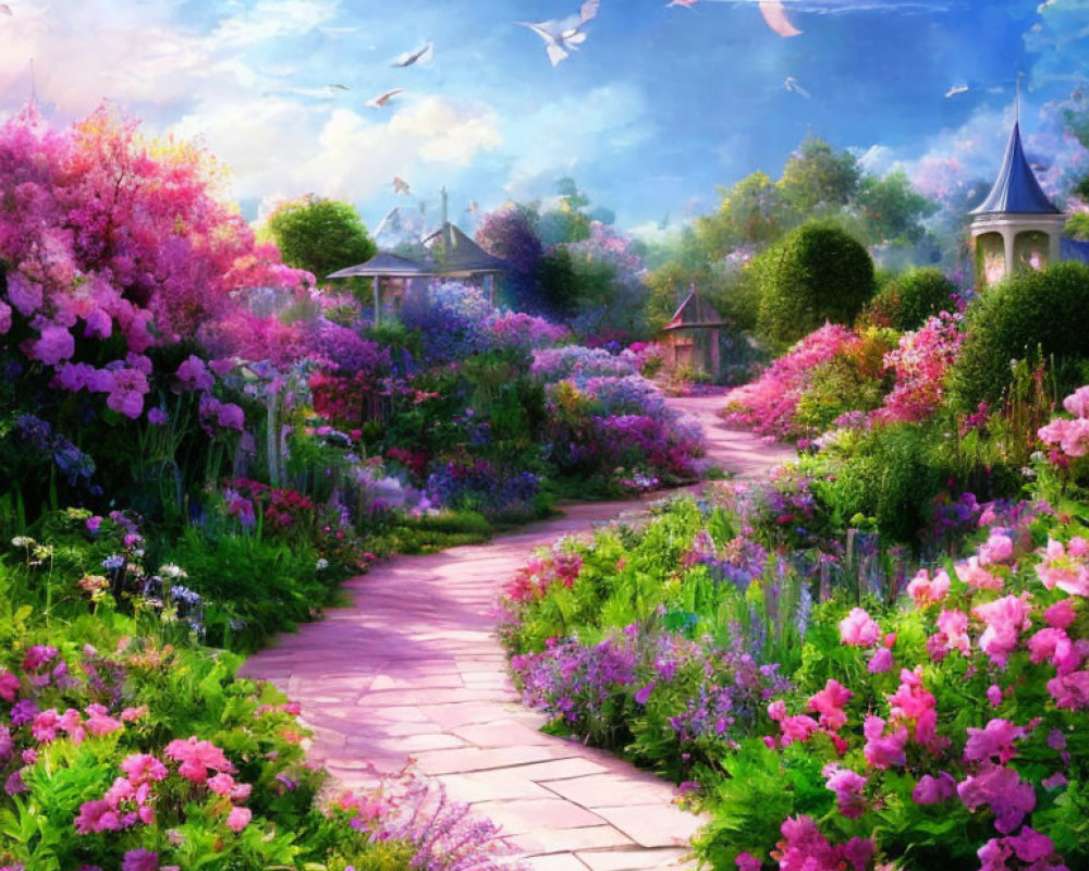 Colorful flower-lined garden path under crescent moon and serene sky.