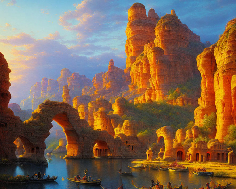 Majestic sunset over rocky landscape with bridge, river, and cliffside dwellings