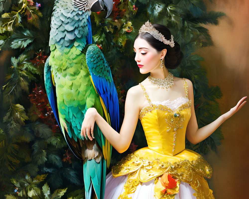 Woman in Yellow Gown with Tiara Beside Colorful Parrot