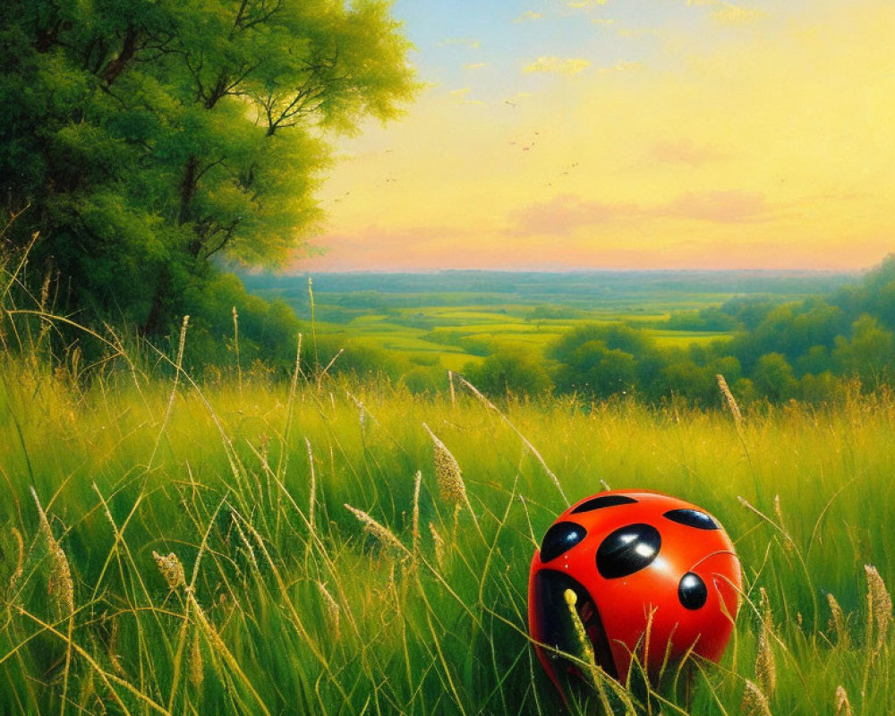 Colorful ladybug painting on tall grass with sunset and green fields