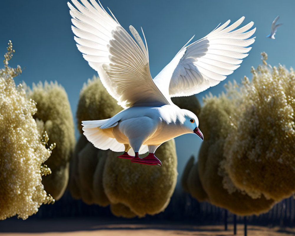 White Dove Flying Over Surreal Landscape with Round Bushes