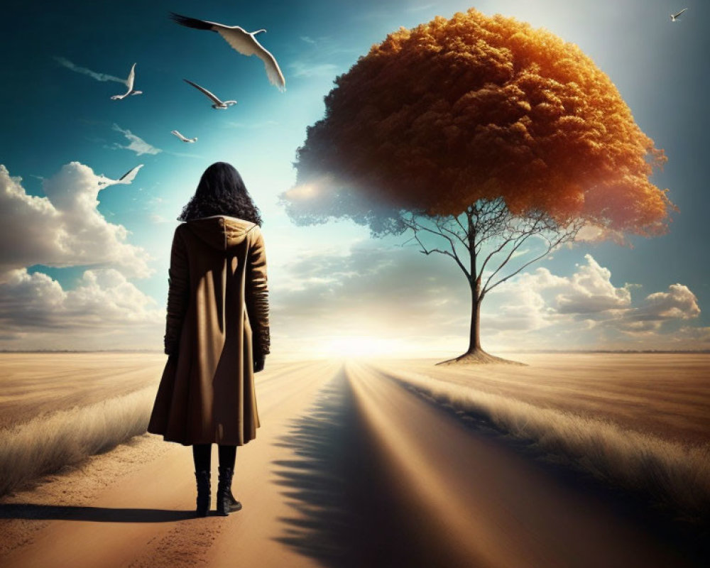 Person in coat on deserted path towards luminous tree under bird-filled sky