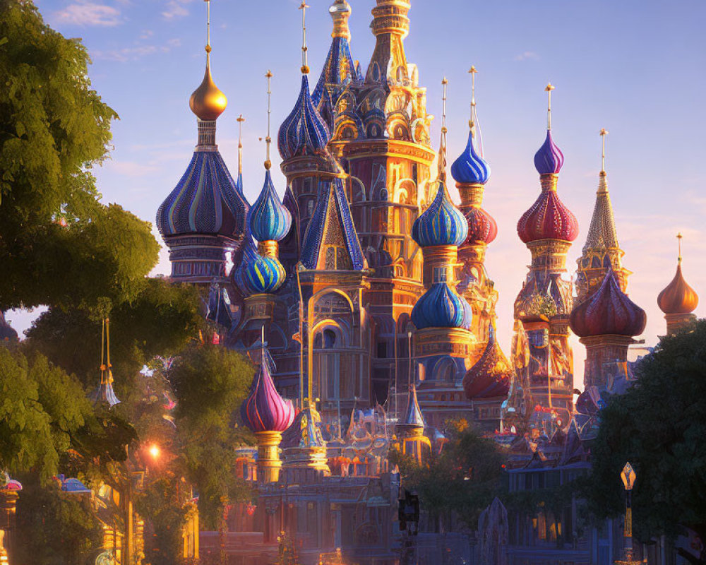 Colorful Sunset Illuminates Intricate Castle Domes