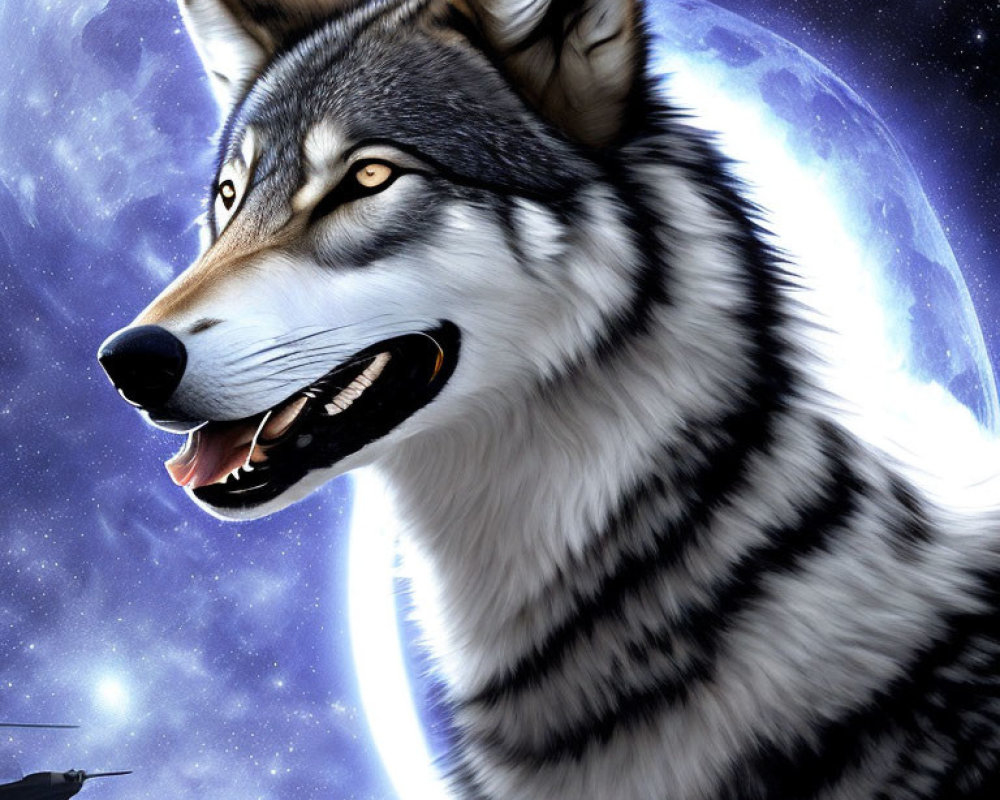 Digital image: Wolf with intricate fur detail on cosmic backdrop