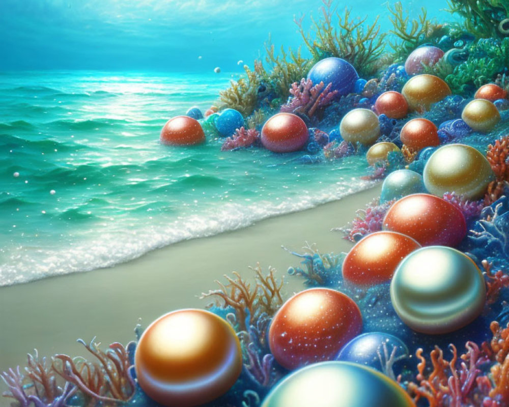 Vibrant Coral with Colorful Pearl-like Orbs in Turquoise Sea