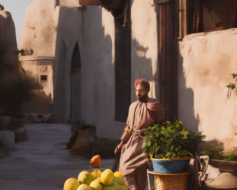 Person in traditional attire near fruit cart on cobblestone path in sunlit alley