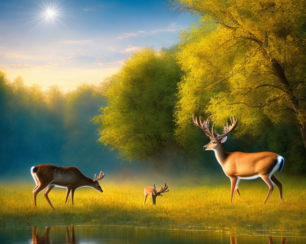 Tranquil landscape: three deer, reflective lake, green trees, sparkling sun