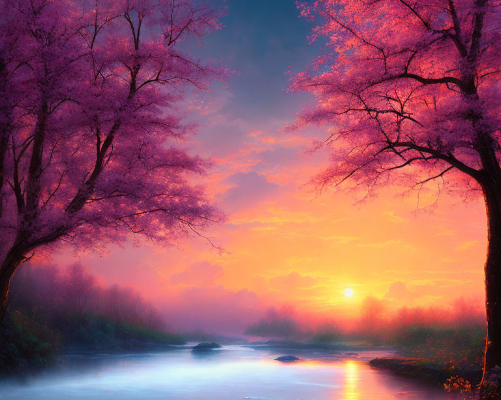 Tranquil sunset landscape with pink cherry blossom trees by river