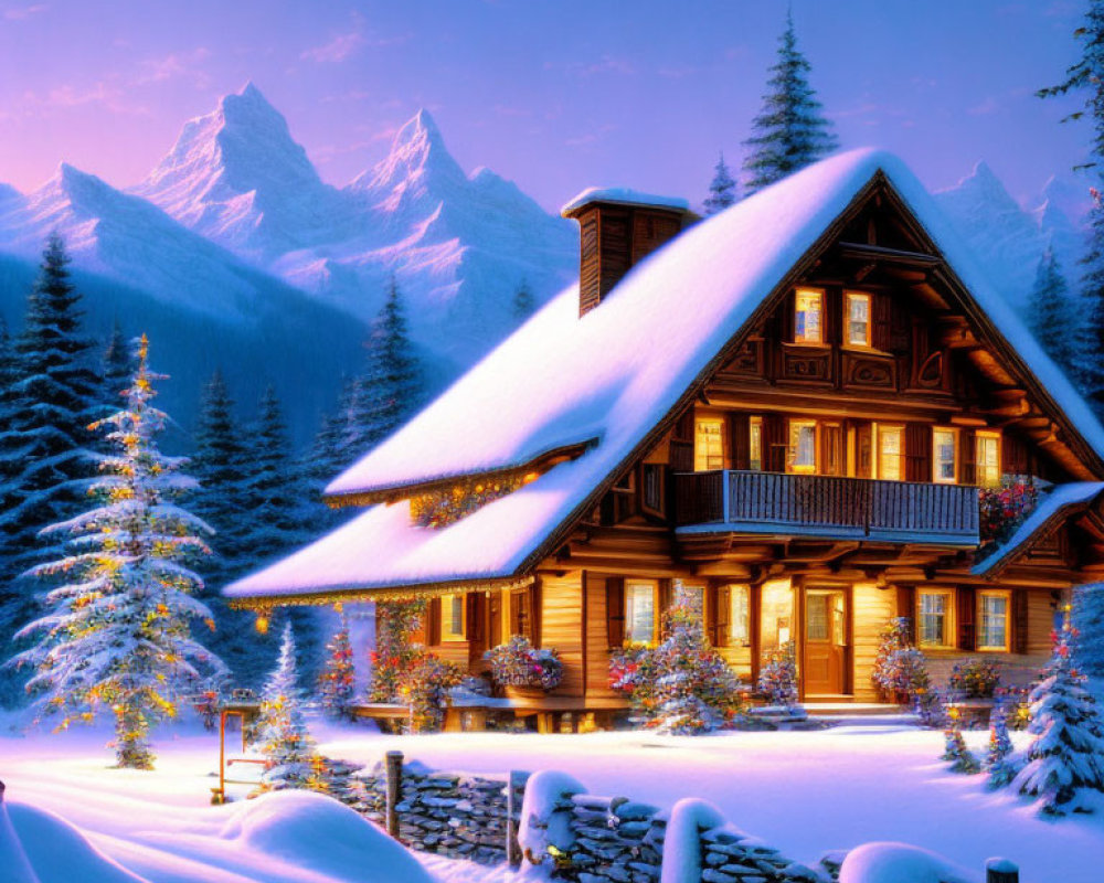 Snow-covered wooden chalet with festive lights in twilight mountain setting