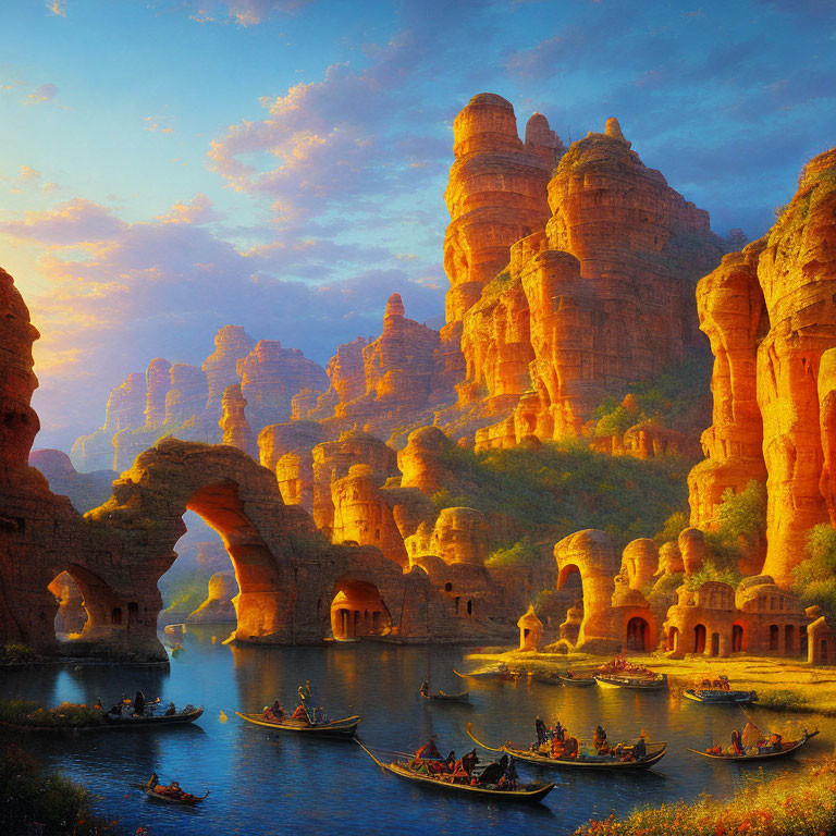 Majestic sunset over rocky landscape with bridge, river, and cliffside dwellings