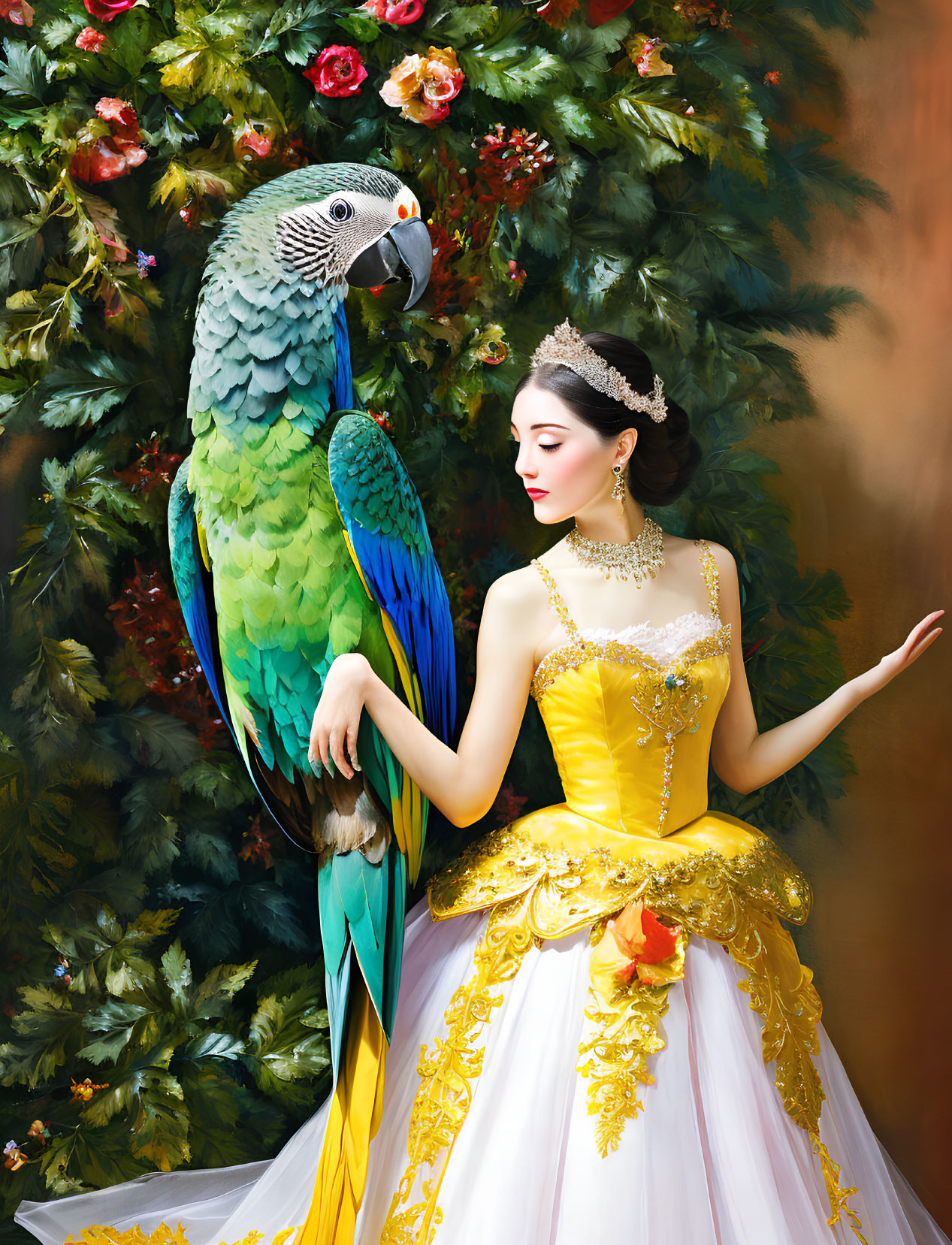 Woman in Yellow Gown with Tiara Beside Colorful Parrot