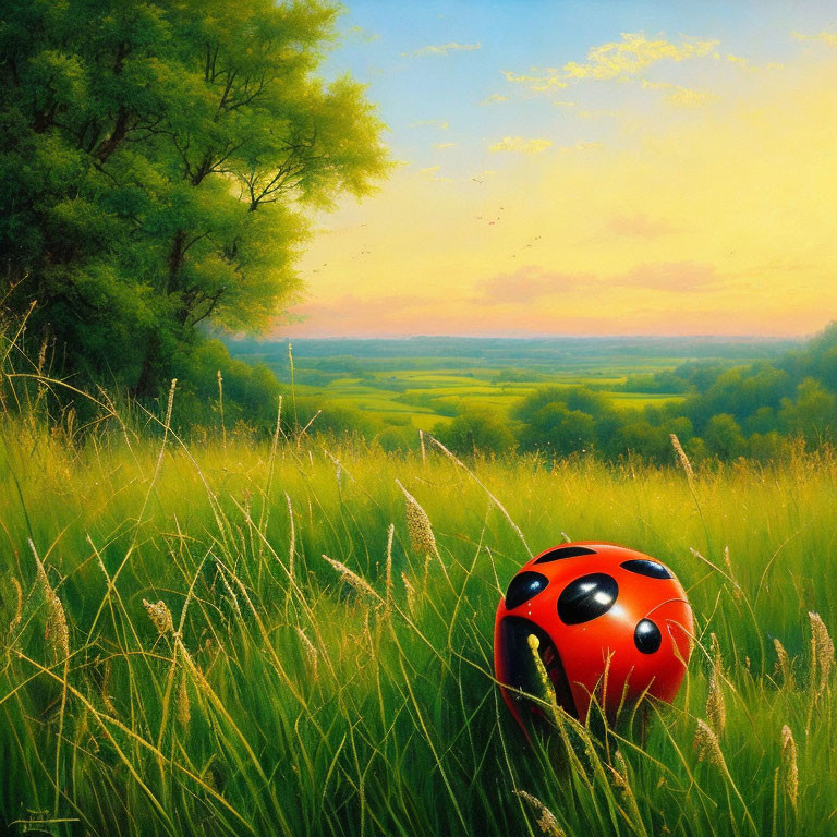 Colorful ladybug painting on tall grass with sunset and green fields