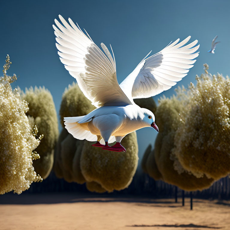 White Dove Flying Over Surreal Landscape with Round Bushes