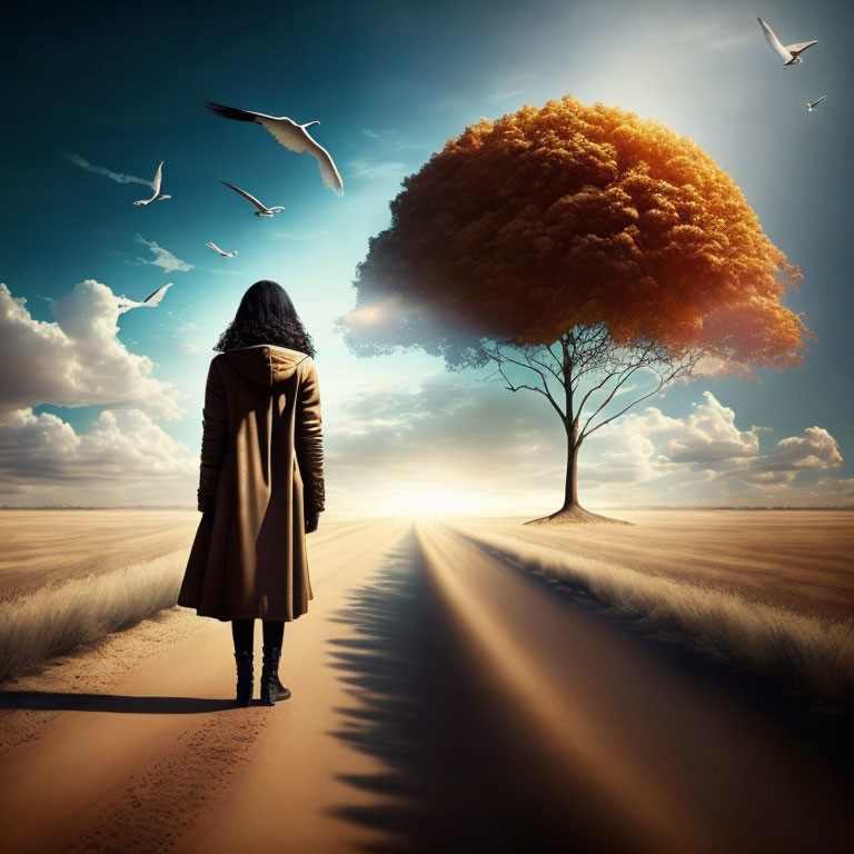 Person in coat on deserted path towards luminous tree under bird-filled sky