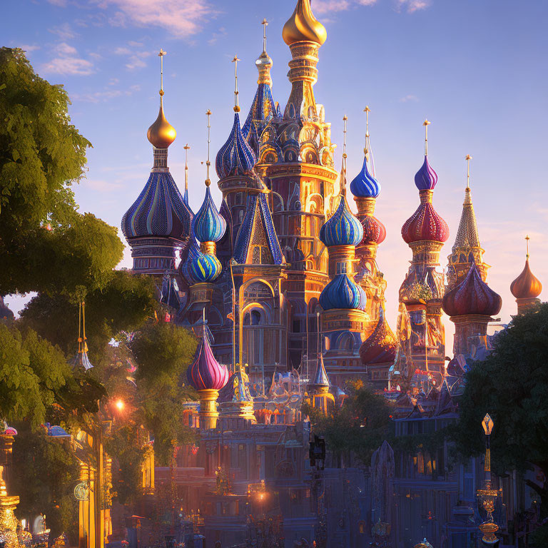 Colorful Sunset Illuminates Intricate Castle Domes