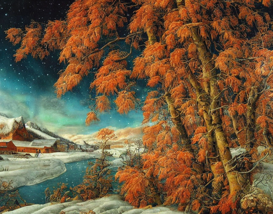 Winter landscape painting with orange-leafed tree, frozen river, and starry sky