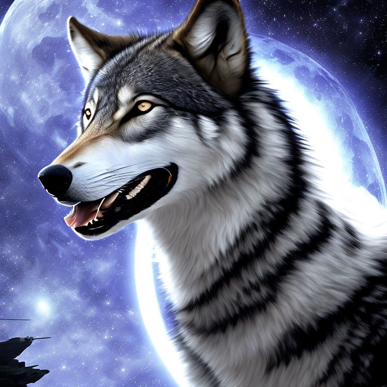 Digital image: Wolf with intricate fur detail on cosmic backdrop