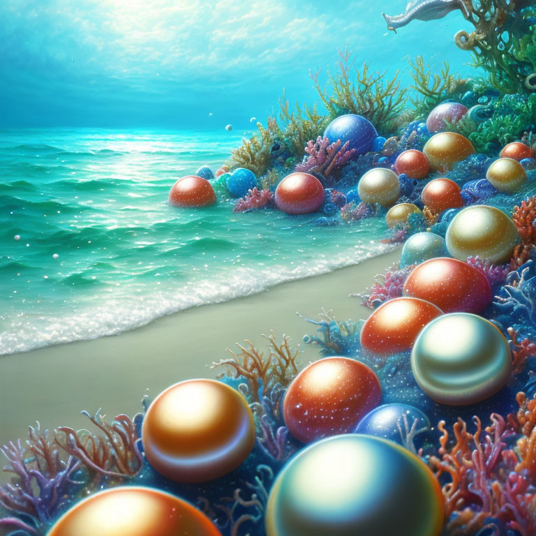 Vibrant Coral with Colorful Pearl-like Orbs in Turquoise Sea