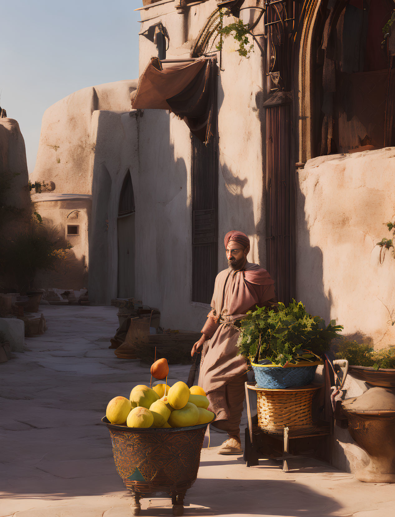 Person in traditional attire near fruit cart on cobblestone path in sunlit alley