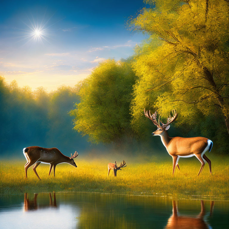 Tranquil landscape: three deer, reflective lake, green trees, sparkling sun