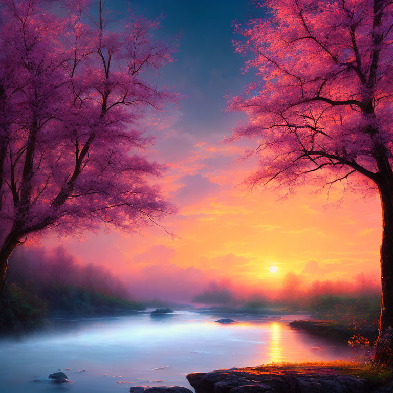 Tranquil sunset landscape with pink cherry blossom trees by river