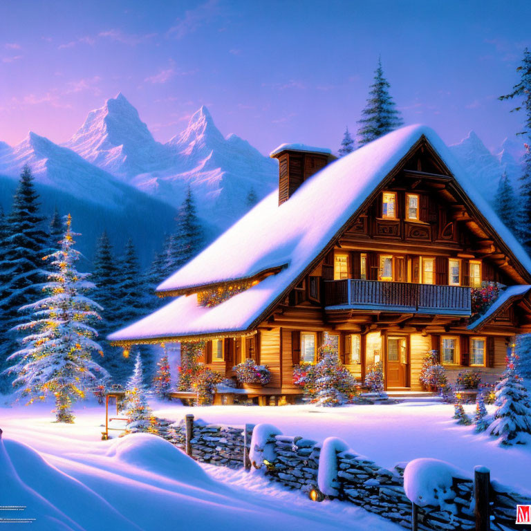 Snow-covered wooden chalet with festive lights in twilight mountain setting