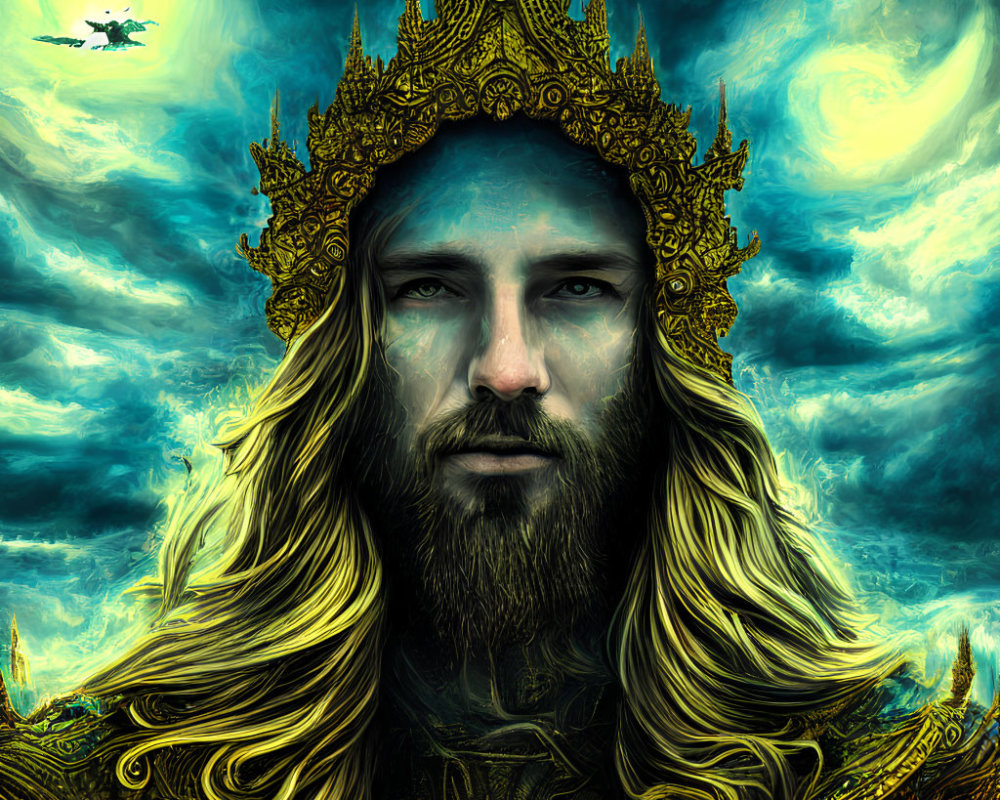 Majestic male figure with golden hair and crown in dramatic sky