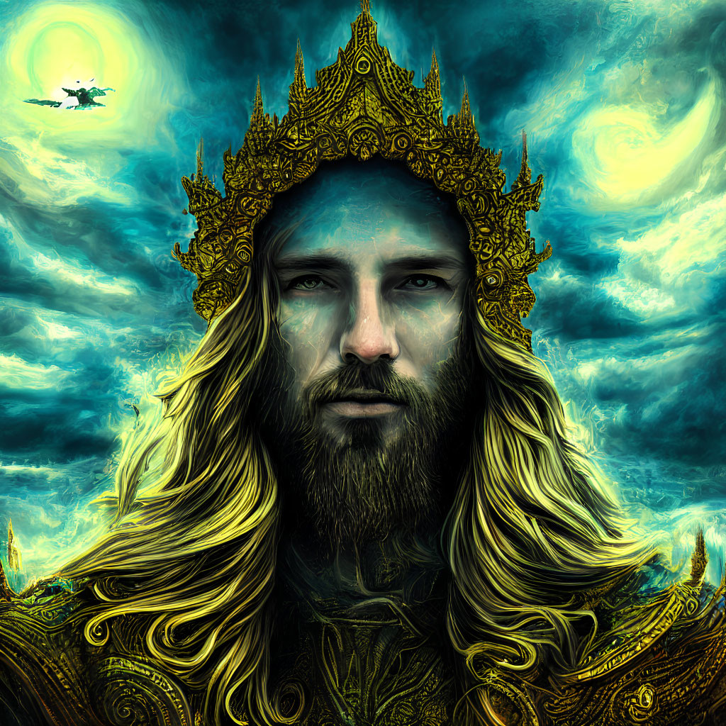 Majestic male figure with golden hair and crown in dramatic sky