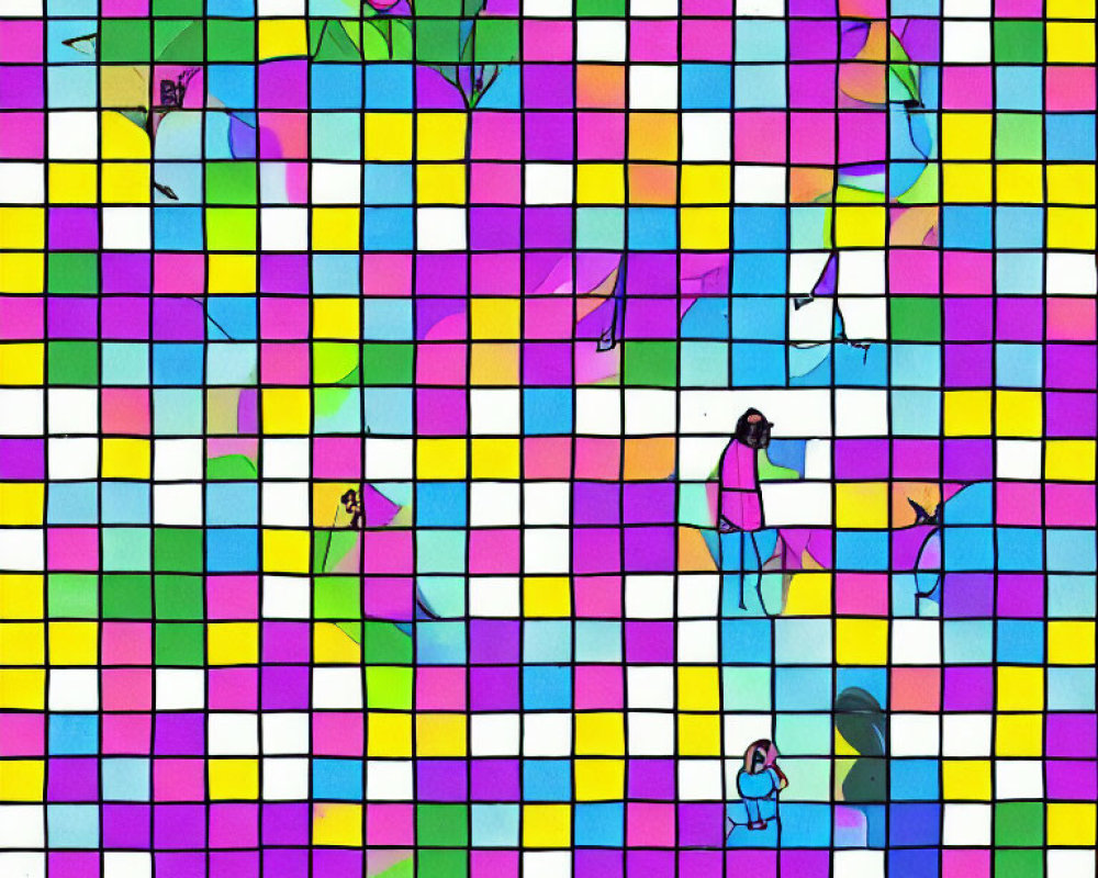 Colorful Abstract Mosaic with Figures in Various Activities