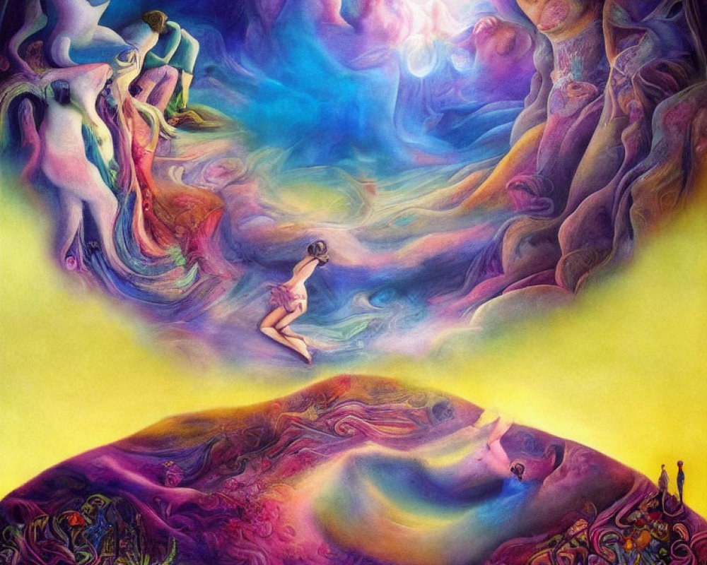 Colorful psychedelic illustration of figures in vibrant landscape under celestial light