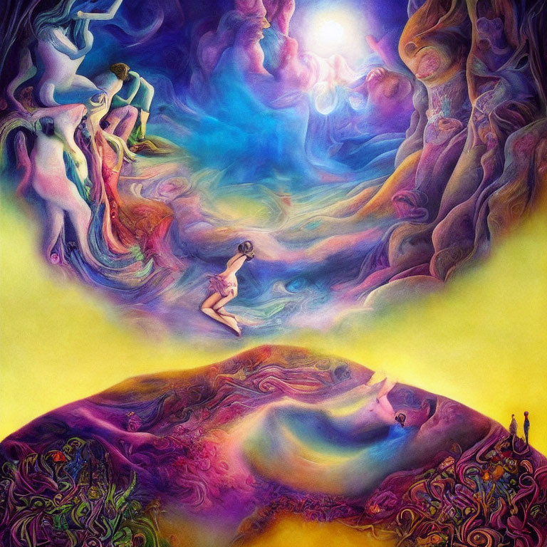 Colorful psychedelic illustration of figures in vibrant landscape under celestial light