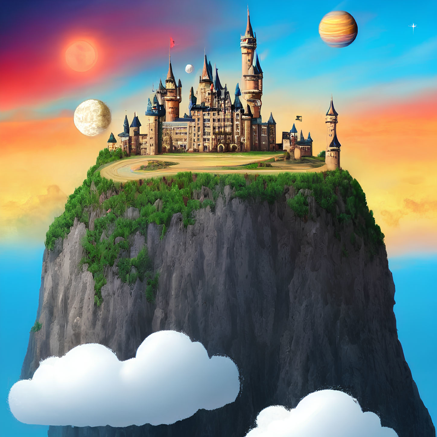 Fantasy castle on cliff with multiple moons and planet in sunset palette