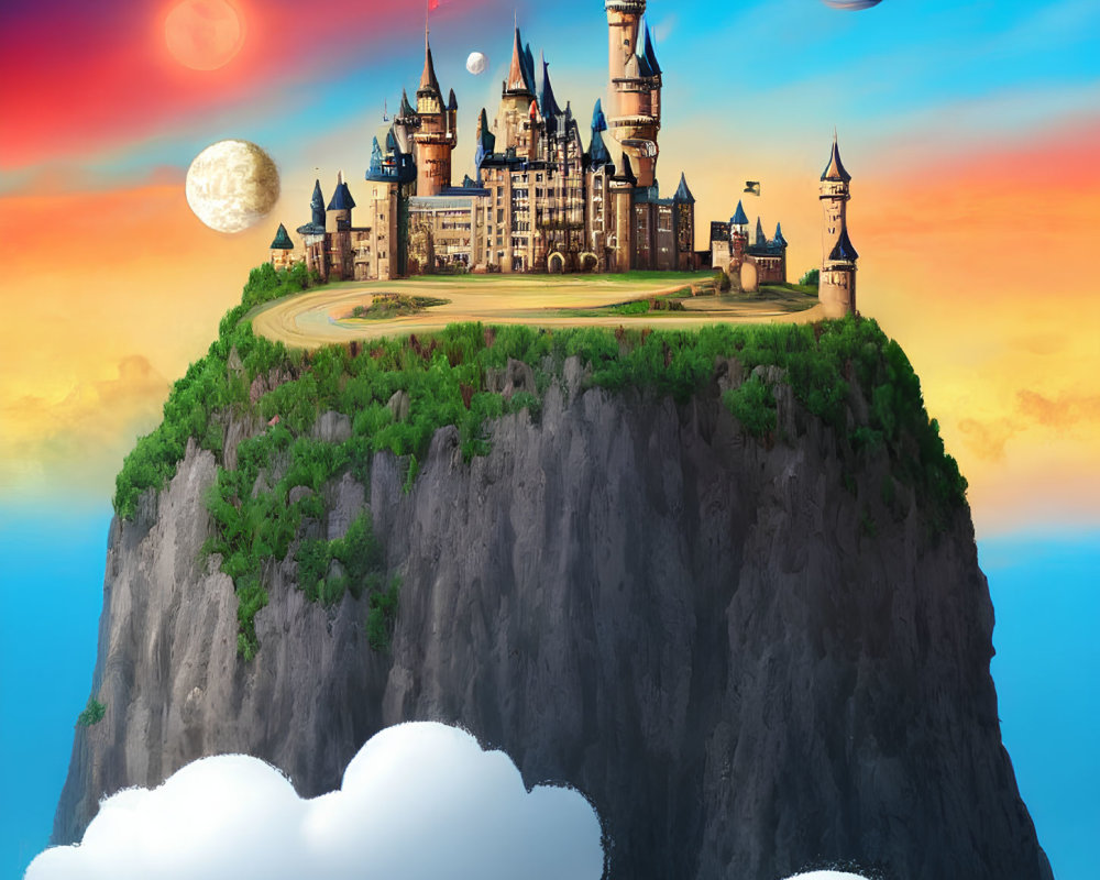 Fantasy castle on cliff with multiple moons and planet in sunset palette