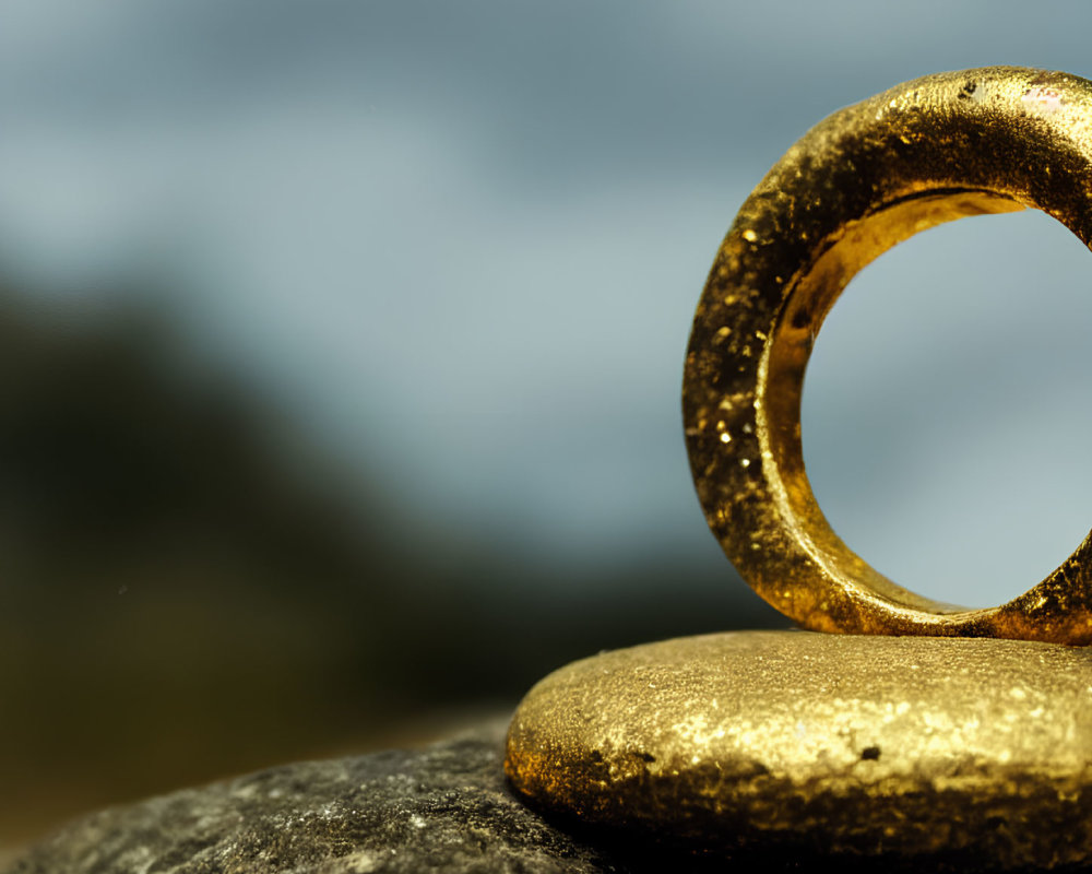 Golden ring on stone with blurred natural background