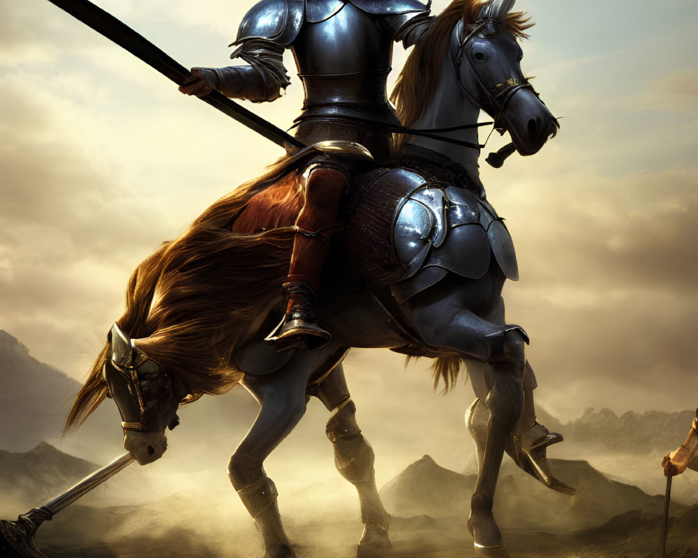 Knight in Shining Armor on Rearing Horse with Long Sword in Dramatic Cloudy Setting