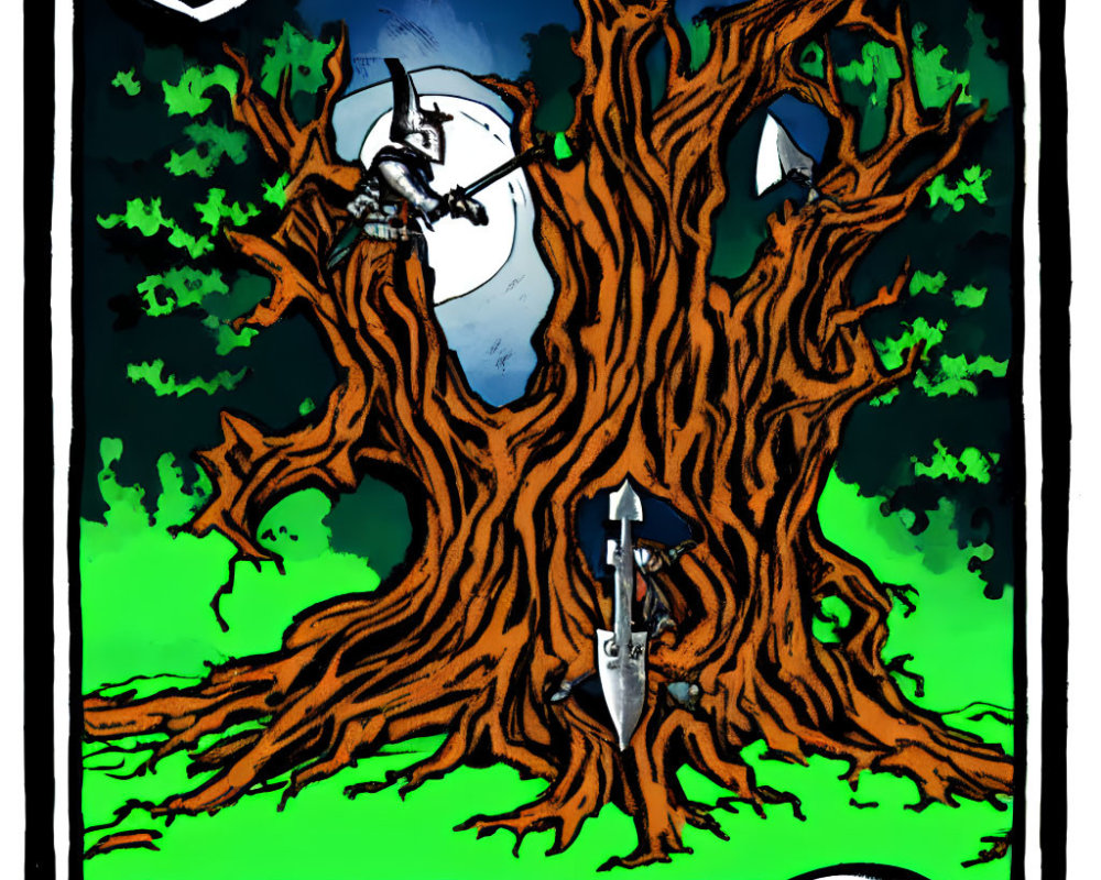 Detailed night scene with twisted tree and dueling knights