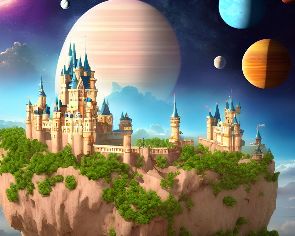 Enchanting castle on floating island with lush greenery and colorful planets in surreal sky